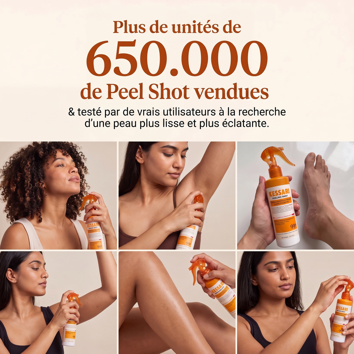 Plus de 650 000 unités du spray exfoliant Kessari vendues, appliqué sur aisselles, jambes et pieds